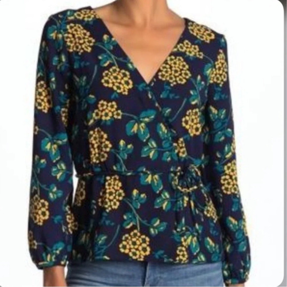 J. Crew Navy Blue Yellow Floral Wrap Long Sleeve Blouse M - Picture 1 of 6